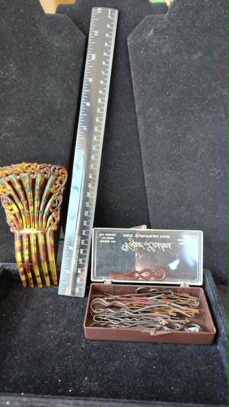 Vintage Hair Vanity Set Mid Century Celluloid Rhinestone Combs Vogue Pins Box